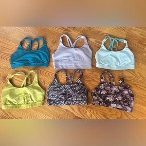 Set of 6 Lululemon Energy Bras. All size 6. All have light pads except one.